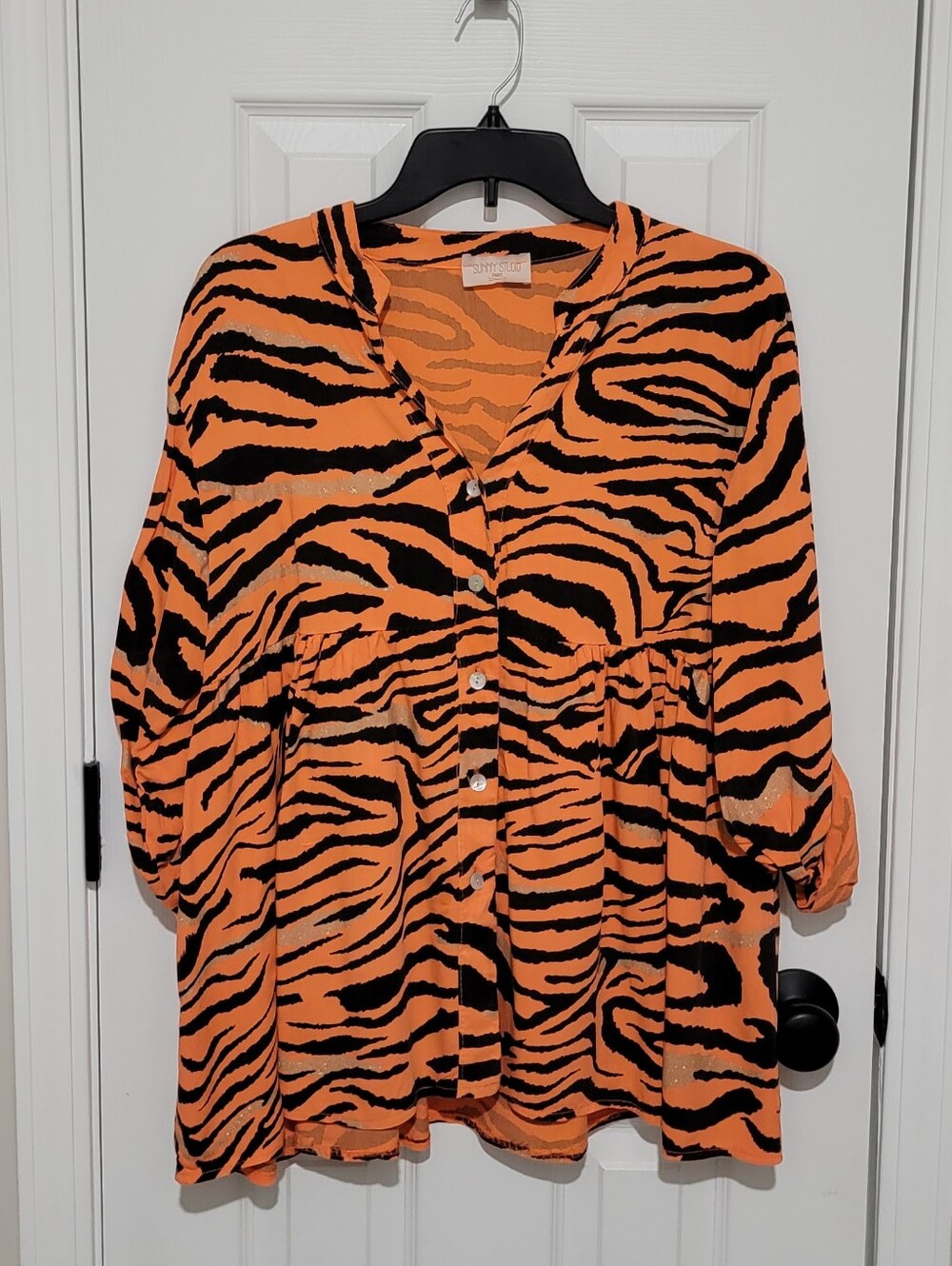 Women’s Orange Tiger-Print Button Front Top